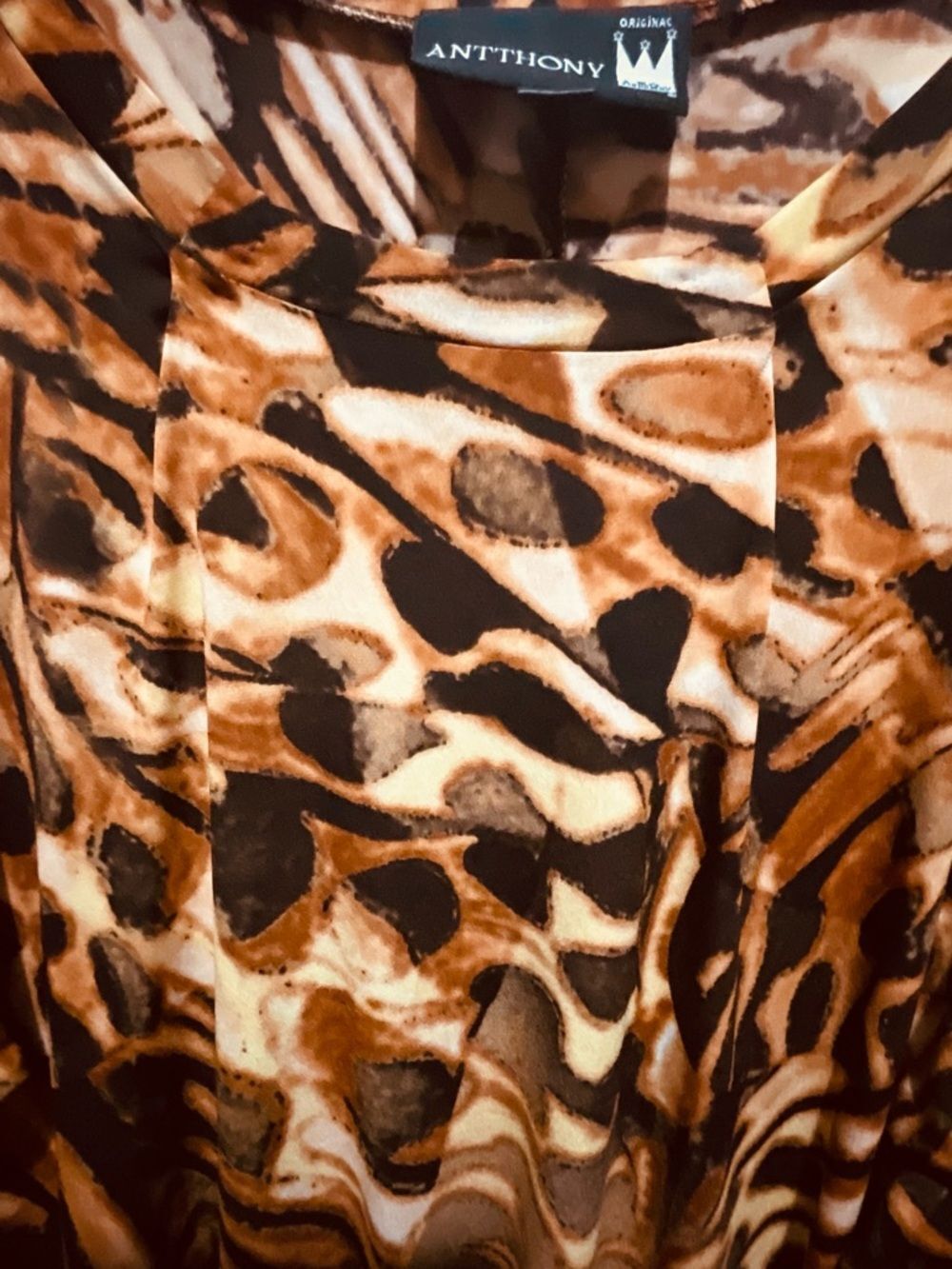 ANTTHONY Abstract Butterfly Animal Print Tunic Top Brown Gold Size L 3/4 Sleeve - Picture 5 of 8
